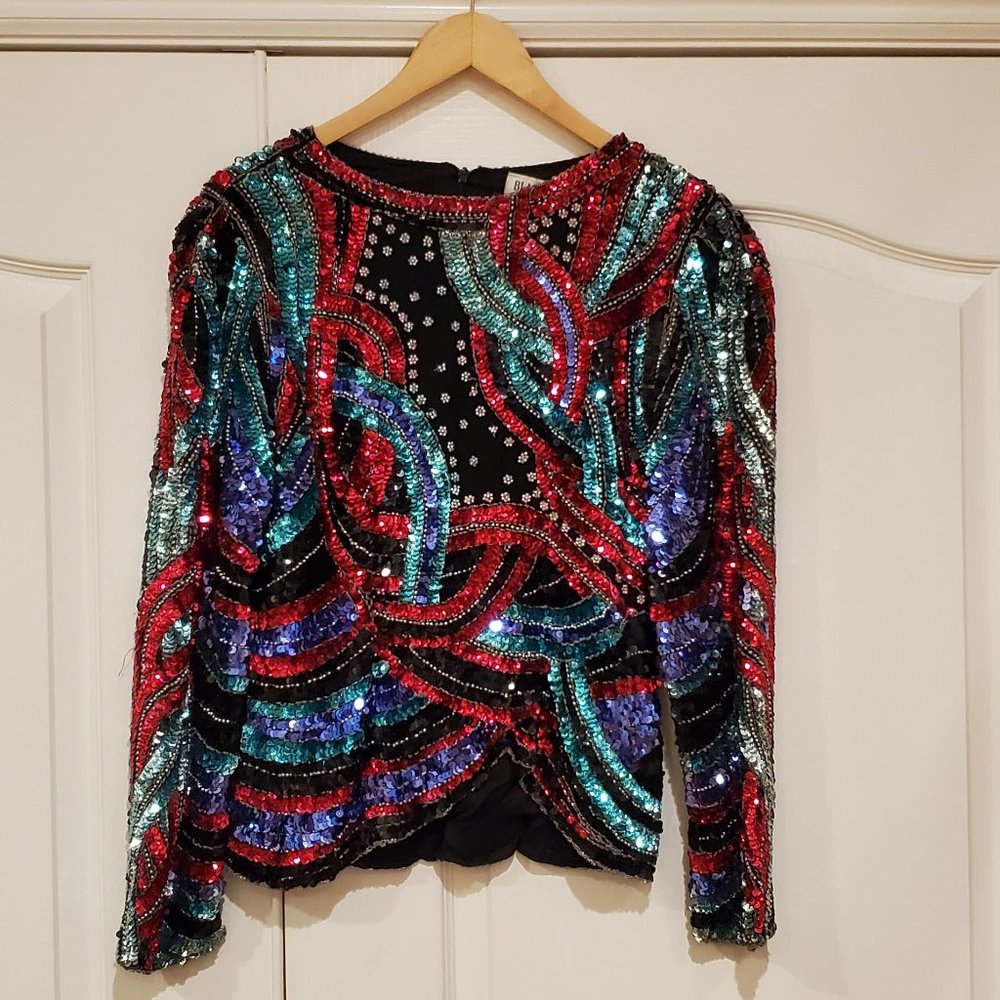 Black Tie Top, Size S, 100% Silk, Multi colored and sequined